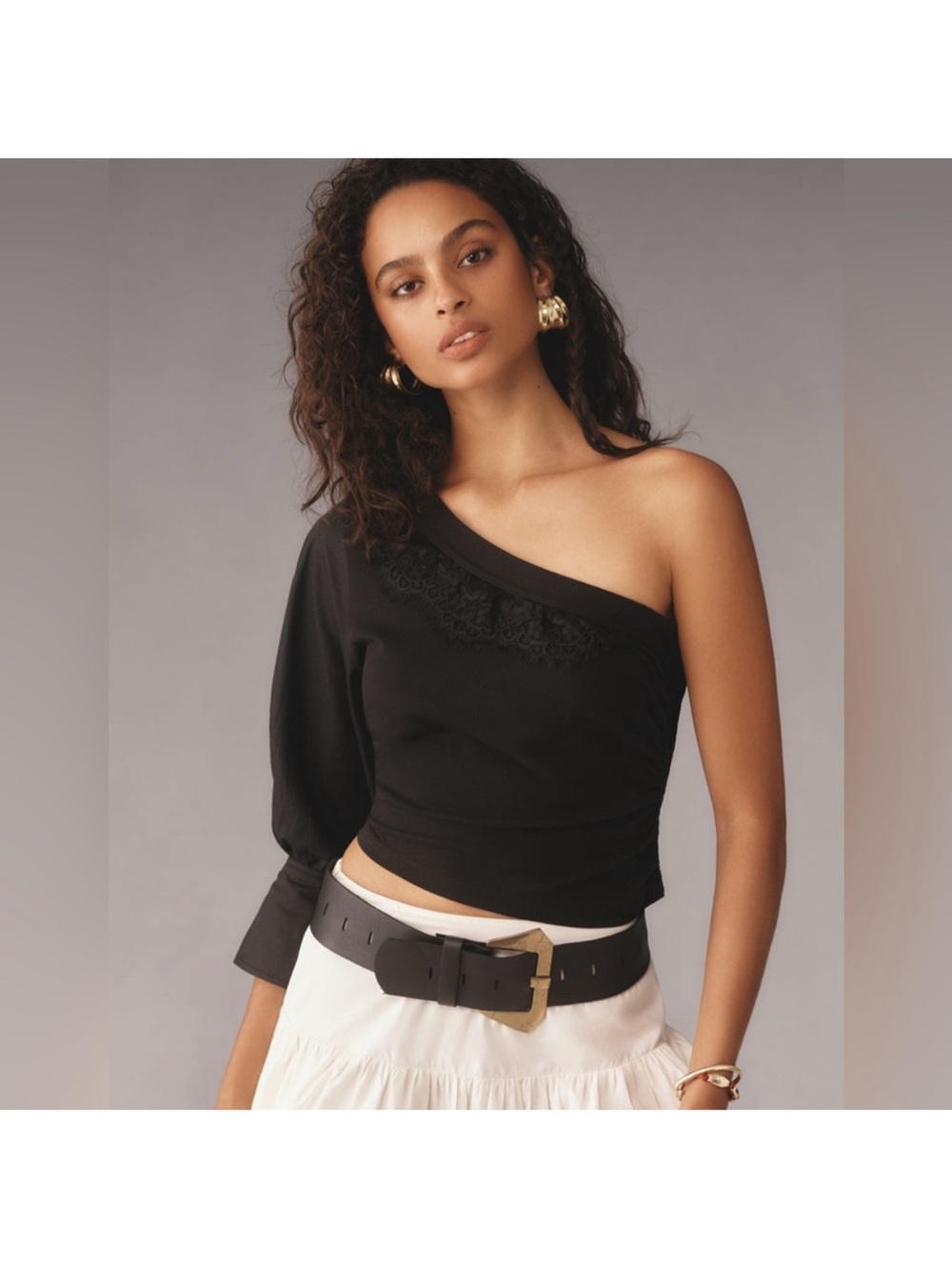 Anthropologie Black One-Shoulder Lace-Trim Crop Top